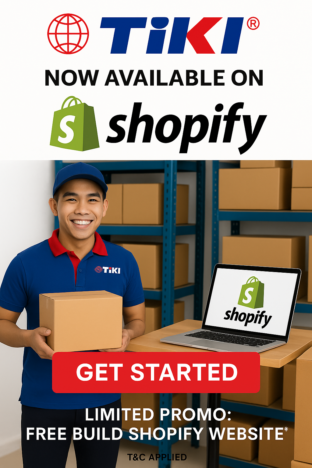TIKI shipping service now available on Shopify – promotional banner featuring a TIKI delivery staff holding a package beside a laptop with the Shopify logo. Includes limited-time offer: free Shopify website build by SSDC.co. 'Get Started' call-to-action displayed prominently.