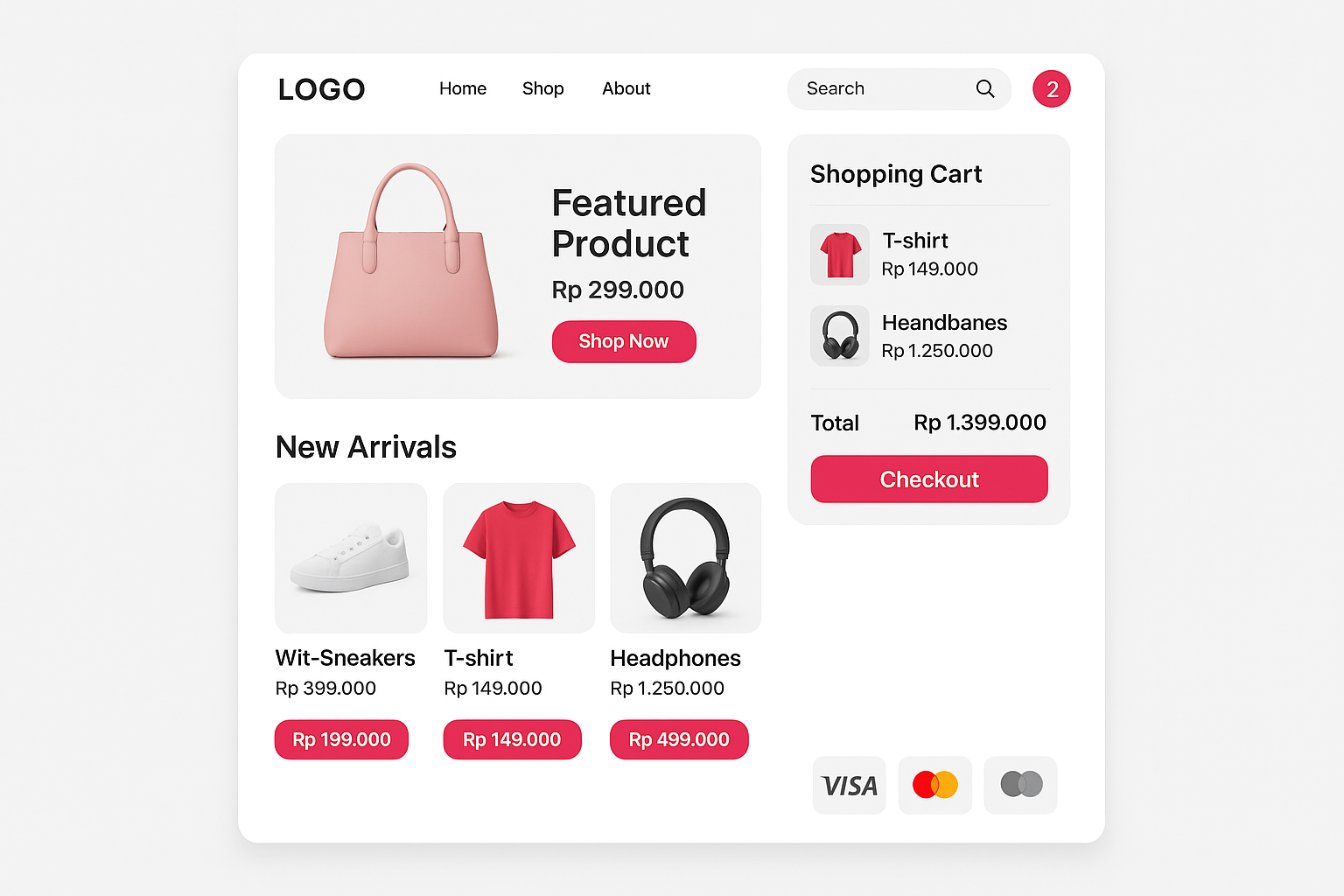 A square 1:1 ratio e-commerce website interface with #EF4D71 pink-red accent color and Indonesian Rupiah (IDR) currency
