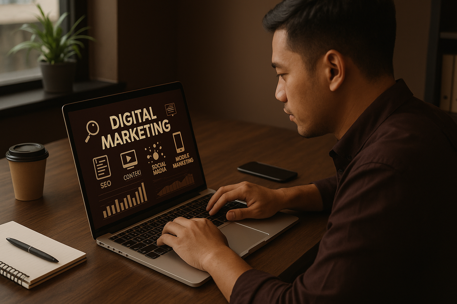 Digital Marketing concept with real person working on laptop with dark brown #1C0F0E color scheme
